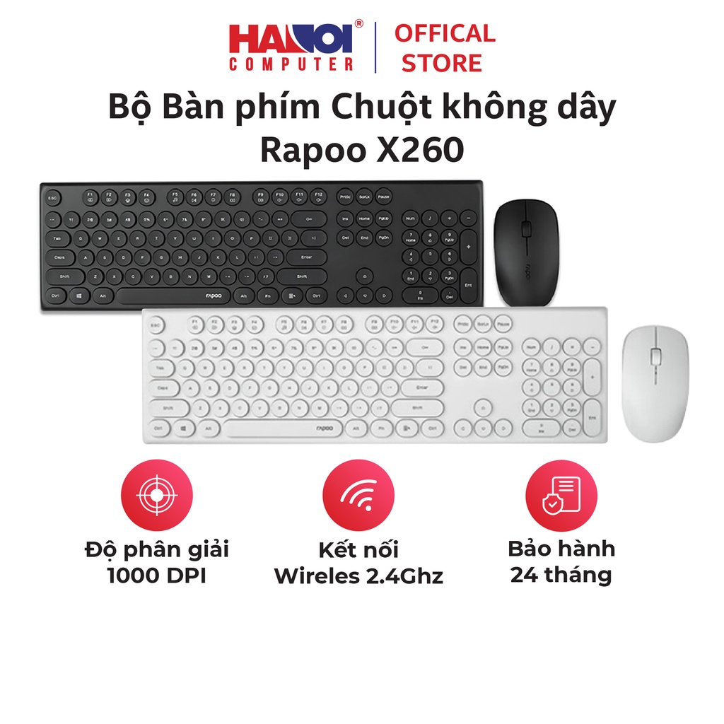 Bộ Bàn phím Chuột không dây Rapoo X260 Đen/ Trắng Fullsize 104 phím, thời lượng pin sử dụng lên đến 12 tháng