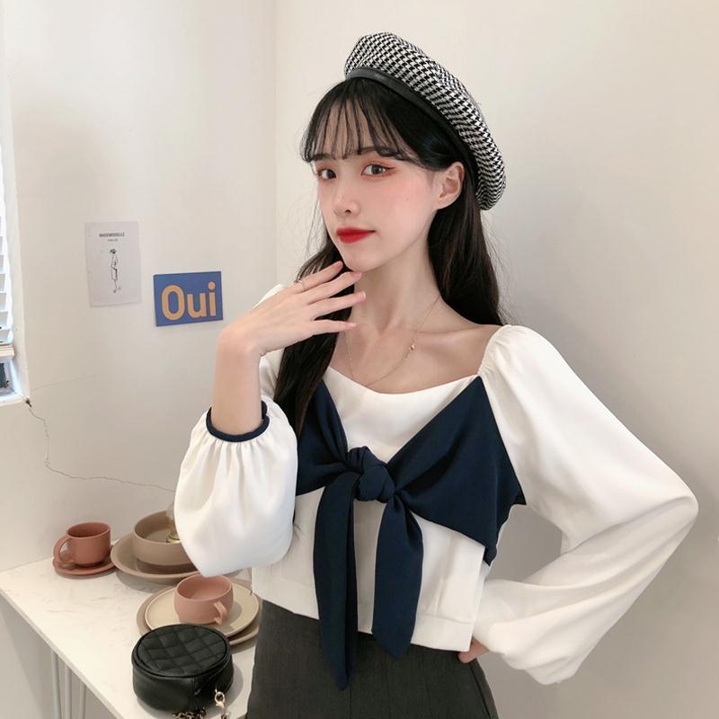 Áo kiểu dáng ngắn tay dài phong cách Hàn Quốc thời trang Pháp dành cho bạn nữ