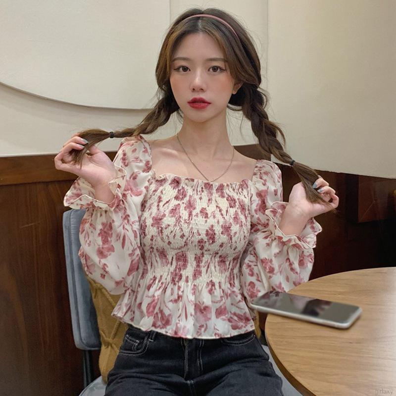 Áo Sơ Mi Chiffon Tay Dài Cổ Vuông In Họa Tiết Hoa Phong Cách Hàn Quốc Cho Nữ