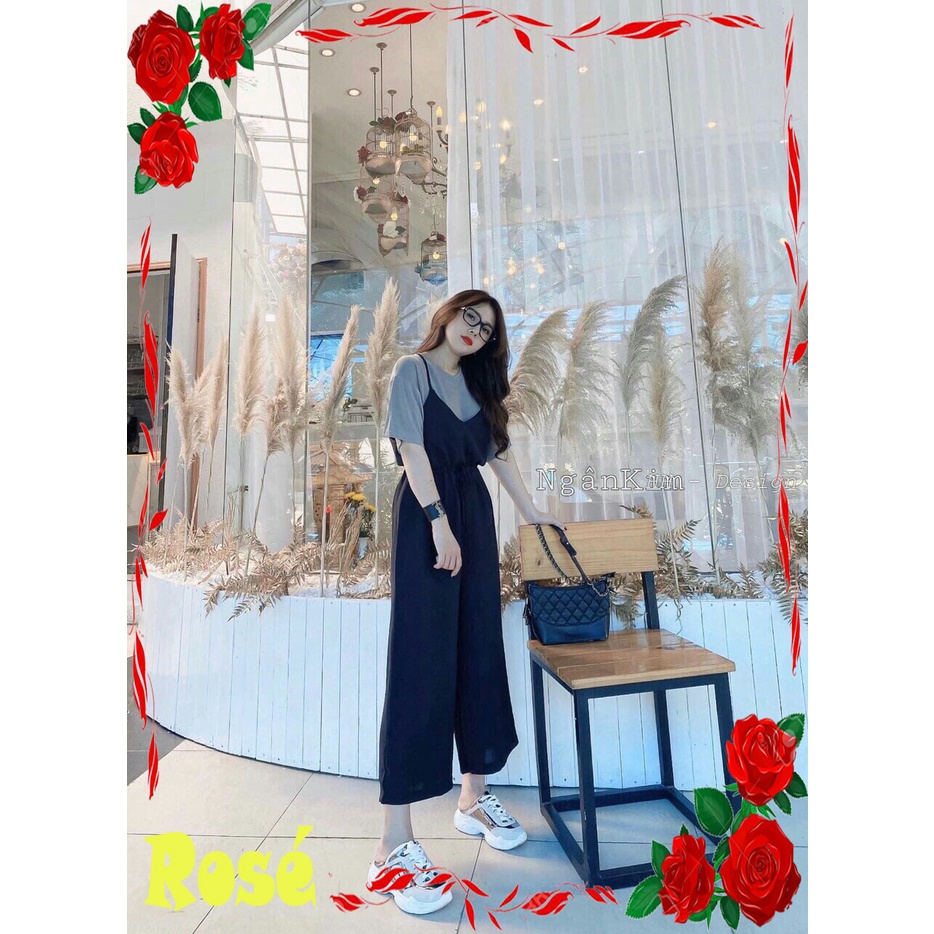 Set Bộ Yếm Phối Quần Ống Rộng Kèm Áo Thun Cotton Mềm Mịn Thời Trang