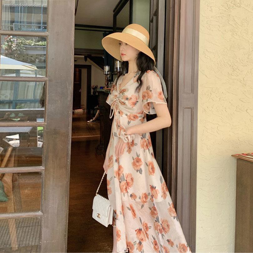 ♛☃ﺴ"Sweet Summer" oil painting flowers French retro elegant slimming clavicle long dress female 2021 new style [shipped within 12 days]