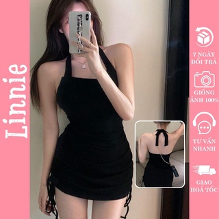 Đầm body hai dây cổ yếm cột dây cổ rút dây 2 bên, váy nữ dáng ôm nhún bụng siêu xinh Linnie