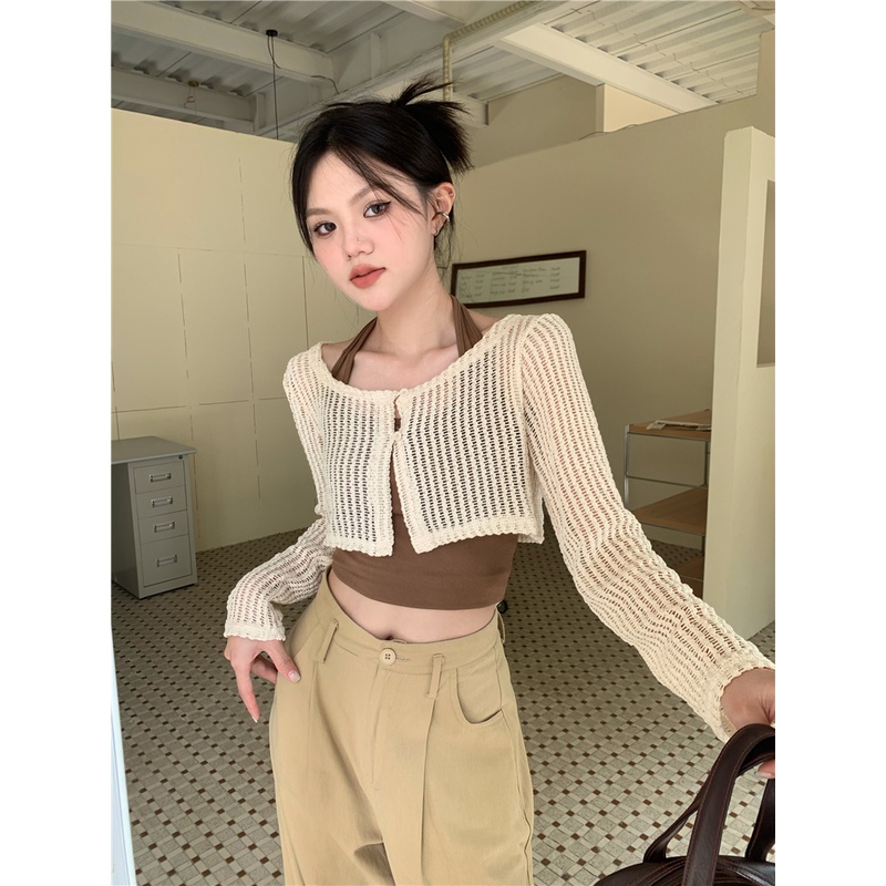 「MOTEL7」Áo Khoác Cardigan Dệt Kim Tay Dài + Áo Hai Dây Dáng Ngắn Thời Trang Cho Nữ