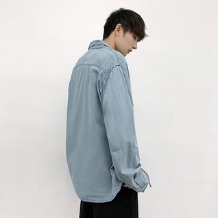 Áo sơ mi jean nam form rộng dài tay màu xanh trắng phong cách Hàn Quốc PON.MENS