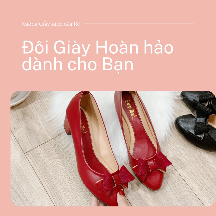 Giày Cao Gót, Giày Đẹp Nữ Nơ Đỏ Bít Mũi Siêu Bền Đi Mưa Đi Nước Được Gót Vuông 3 Phân. Giày Nữ Hoàng Thanh G3 Đỏ