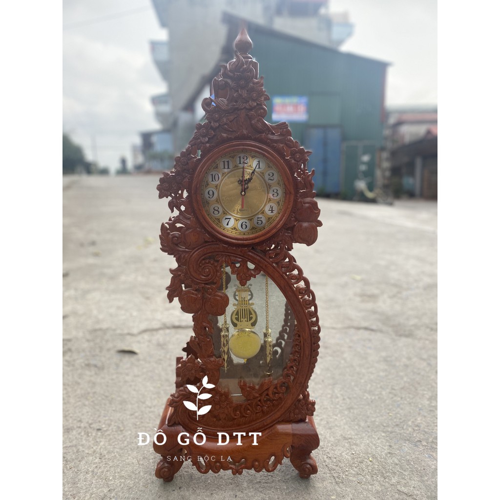 Đồng hồ để bàn quả đào, đồng hồ quả lắc mặt kính cao câp gỗ hương