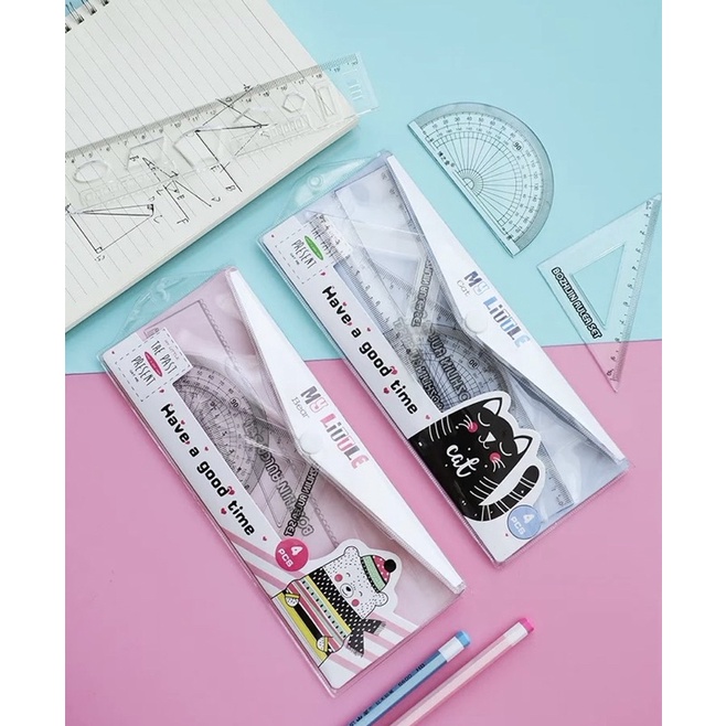 Bộ 4 món thước kẻ, eke, đo góc học sinh siêu cute kèm túi đựng dễ thương