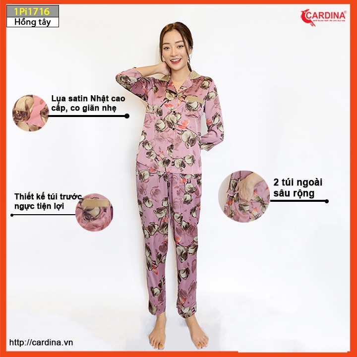 Đồ bộ pijama nữ CARDINA chất lụa satin Nhật cao cấp quần dài tay lỡ họa tiết  sang trọng 1Pi17.