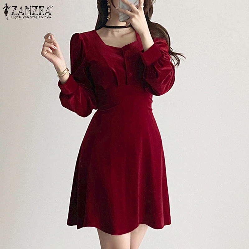 Đầm chữ A ZANZEA tay dài cổ vuông phong cách Hàn Quốc thời trang gợi cảm dành cho nữ