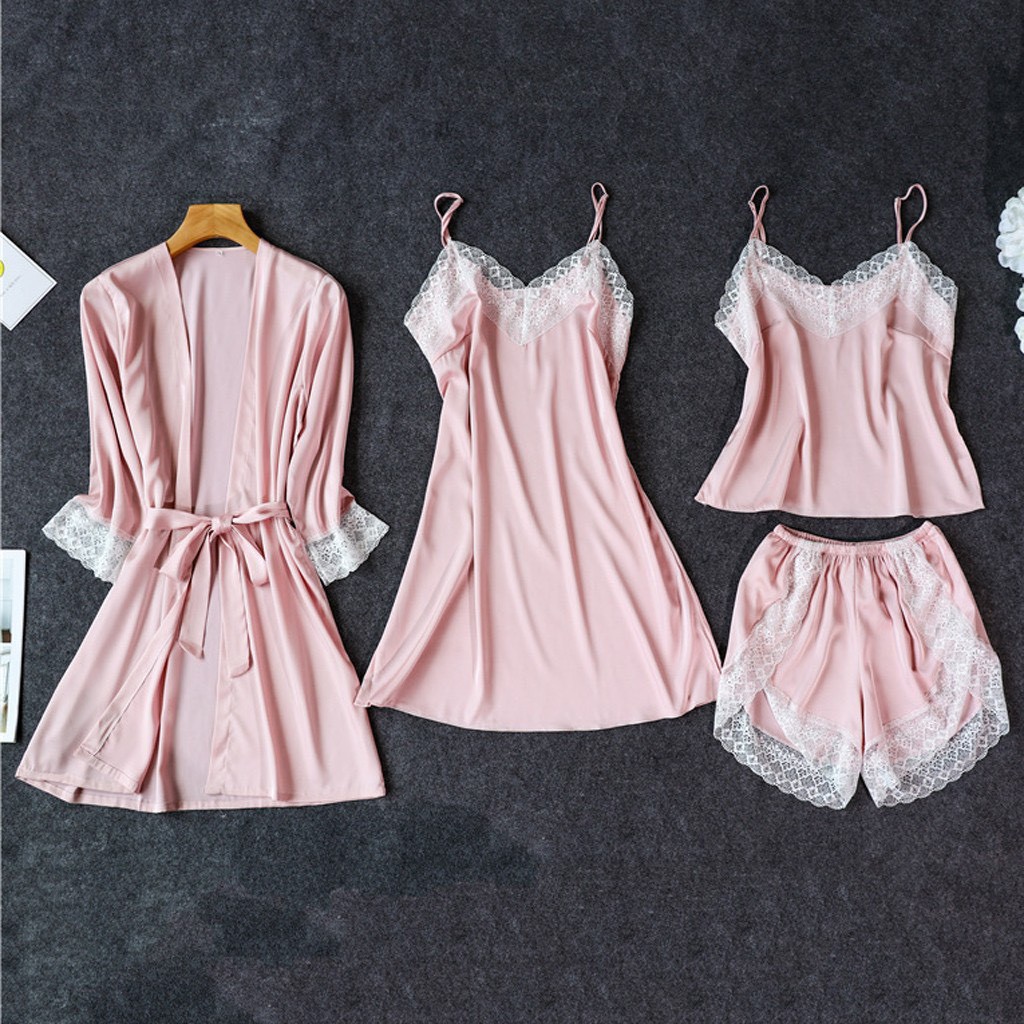 Set Áo Khoác 3 Món Gồm Áo Khoác Đầm Ngủ Đồ Bộ Lụa Satin Cao Cấp AAK-29AD-29AS-29