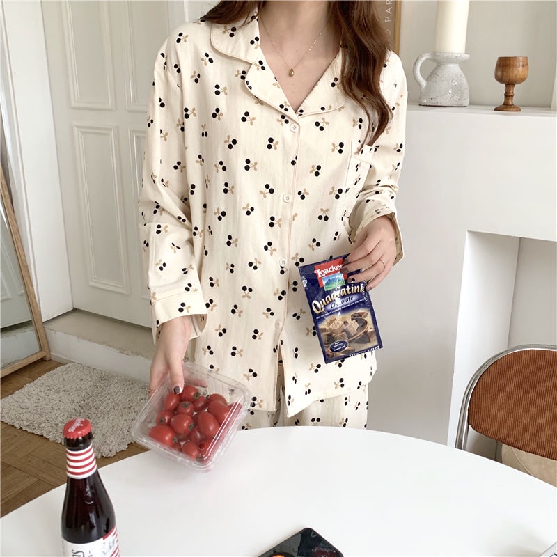 Bộ Đồ Ngủ Tay Dài Dáng Rộng In Hình Quả Cherry Dễ Thương Phong Cách Hàn Quốc Thời Trang Xuân Thu Cho Nữ | BigBuy360 - bigbuy360.vn