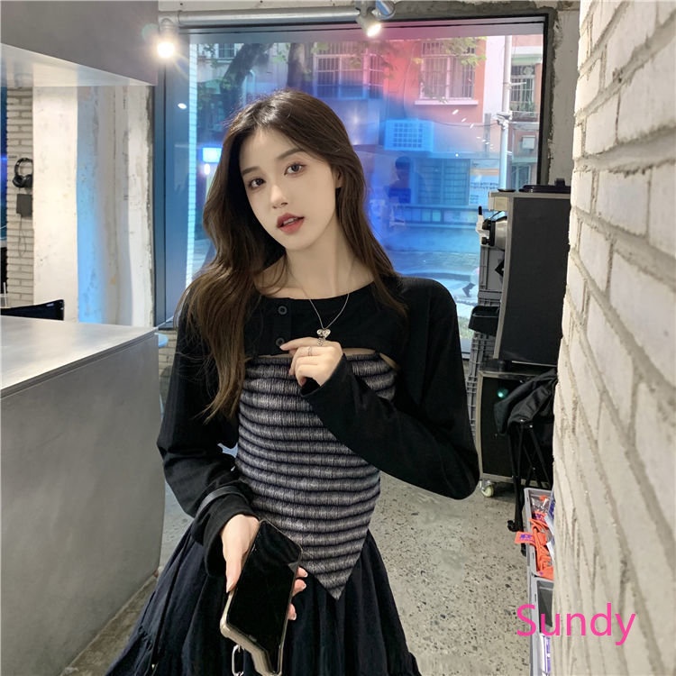 Bộ Áo Hai Dây Màu Trơn + Áo Tay Dài Lệch Tà Thời Trang Mùa Thu Quyến Rũ Cho Nữ