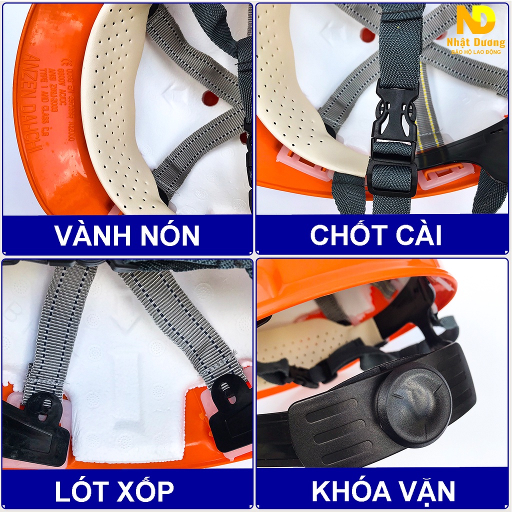 Mũ bảo hộ lao động khóa vặn màu cam có lót xốp HPN08, Nón bảo hộ lao động Nhật Dương