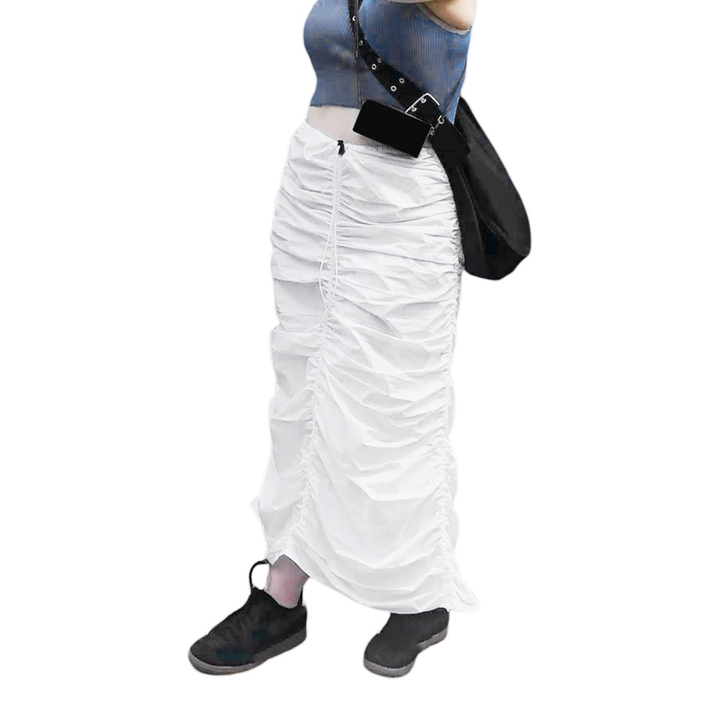 Chân Váy Dài Lưng Cao Co Giãn Màu Trơn Phối Dây Rút Y2K Dễ Điều Chỉnh Cho Nữ