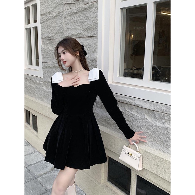 Đầm Xòe Nữ Vải Nhung Màu Đen Dài Váy Liền Cổ Vuông Vai Phối Nơ Trắng Phong Cách Pháp Hàng Quảng Châu Cao Cấp Đi ăn Tiệc | BigBuy360 - bigbuy360.vn