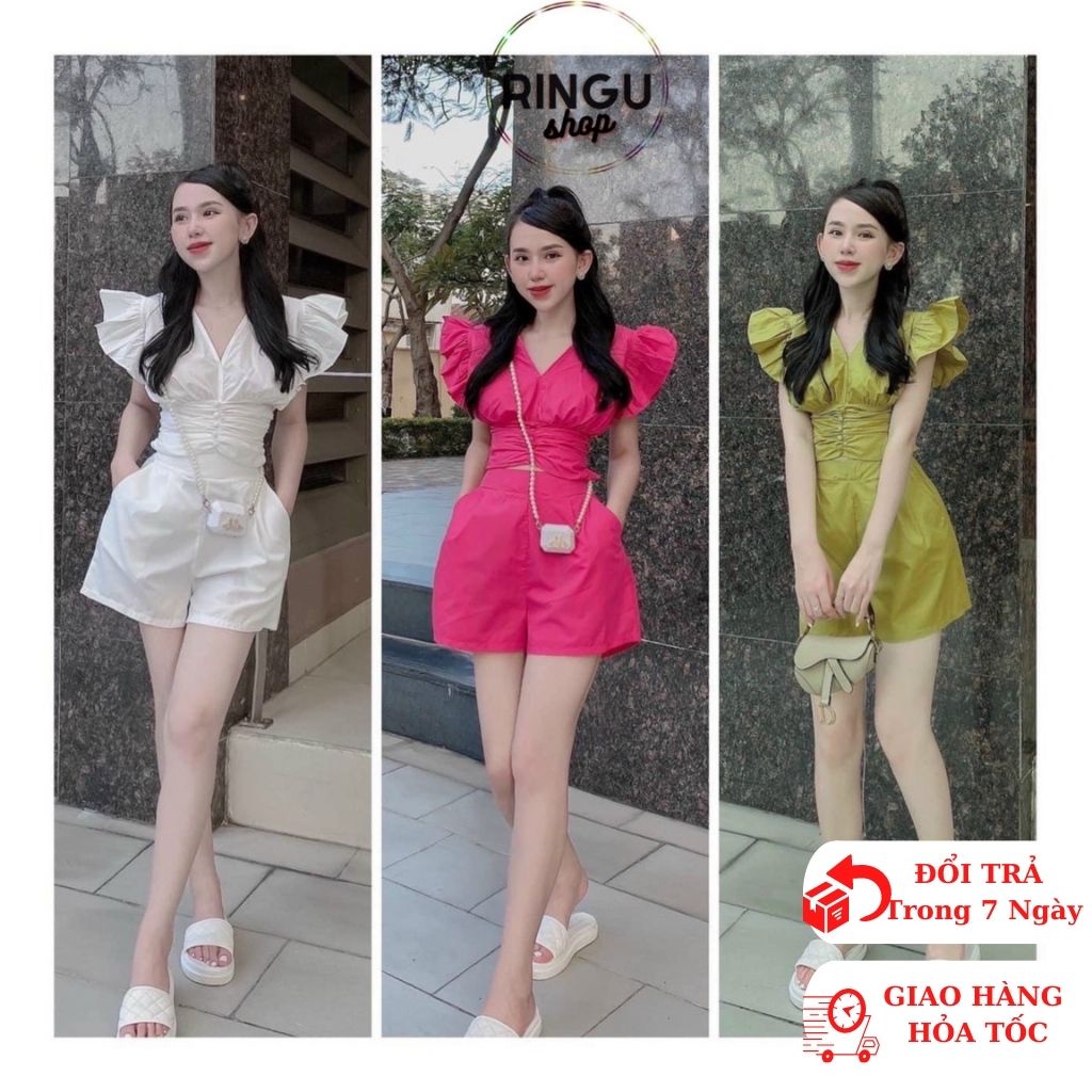Sét áo croptop tay bèo  phối quần short chất lụa freesize dưới 55kg- ringu shop