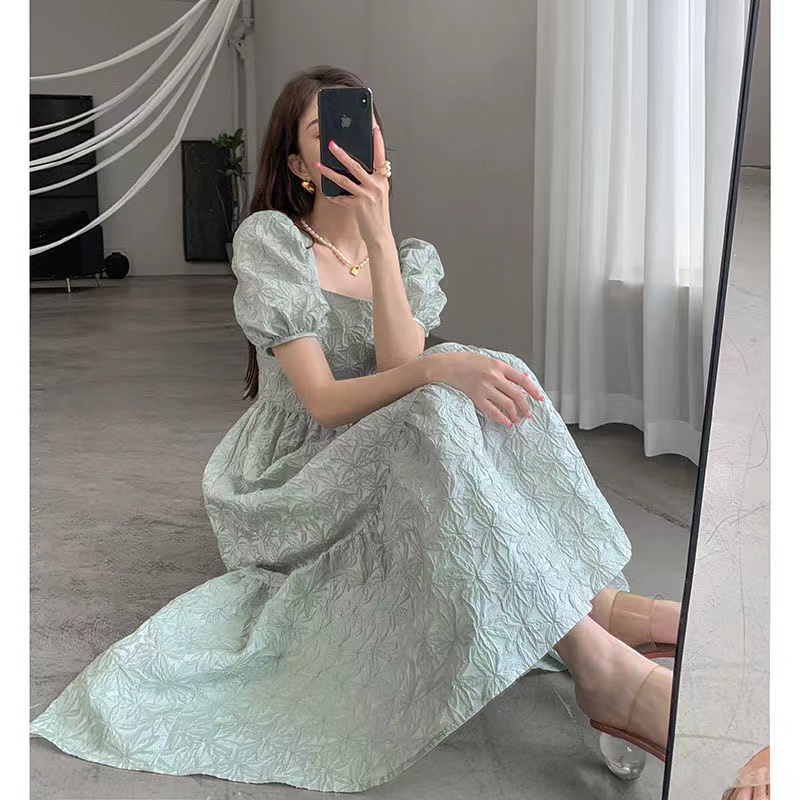 Đầm maxi Tay Ngắn Phồng Cổ Vuông Thời Trang Hàn Quốc Mới