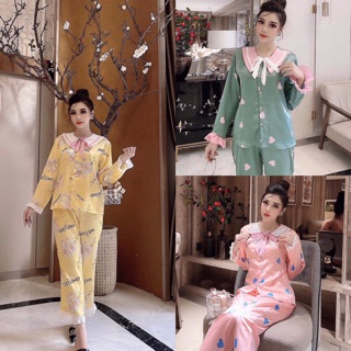Bộ pijama dài tay cổ nơ lụa satin