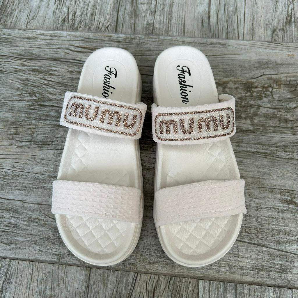 Dép Thời Trang Nữ MUMU 2 Quai Vải Đính Cườm Phong cách Hàn Quốc