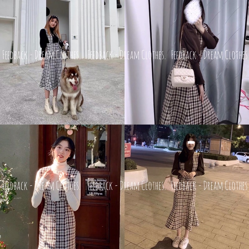 SET YẾM VÁY DẠ TWEED ĐUÔI CÁ DÁNG DÀI HOẠ TIẾT KẺ CẢO VÀ ÁO THUN TAY BỒNG NHẸ CỔ BA PHÂN