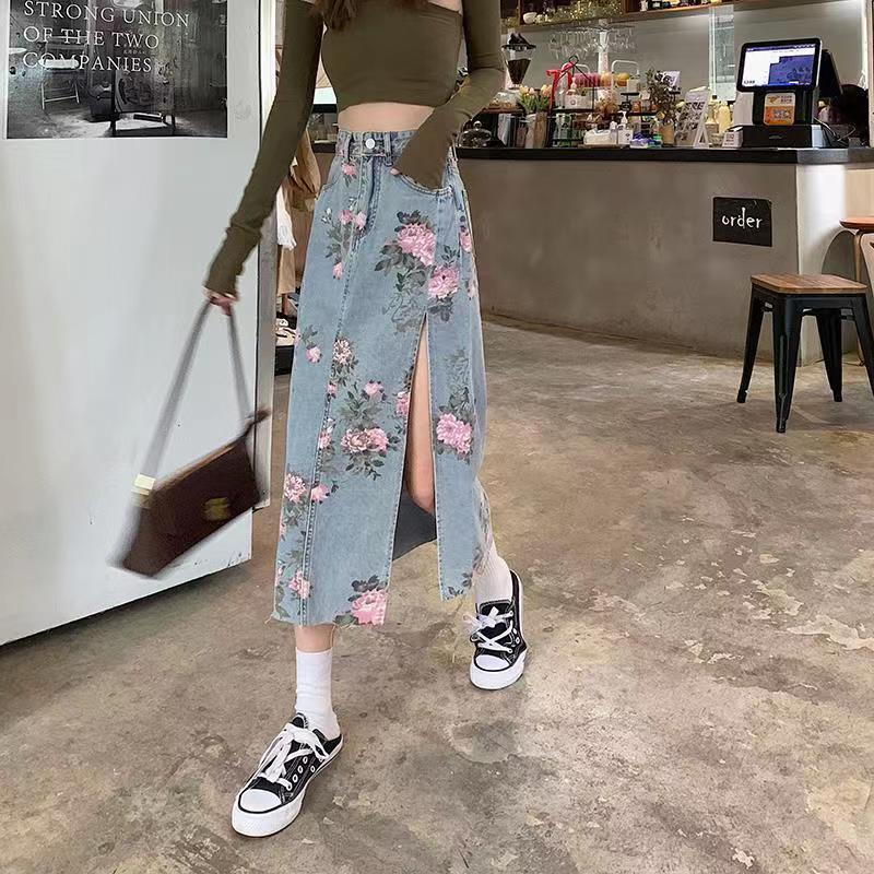 Chân Váy Denim Hoa Xẻ Tà Thời Trang Dành Cho Nữ