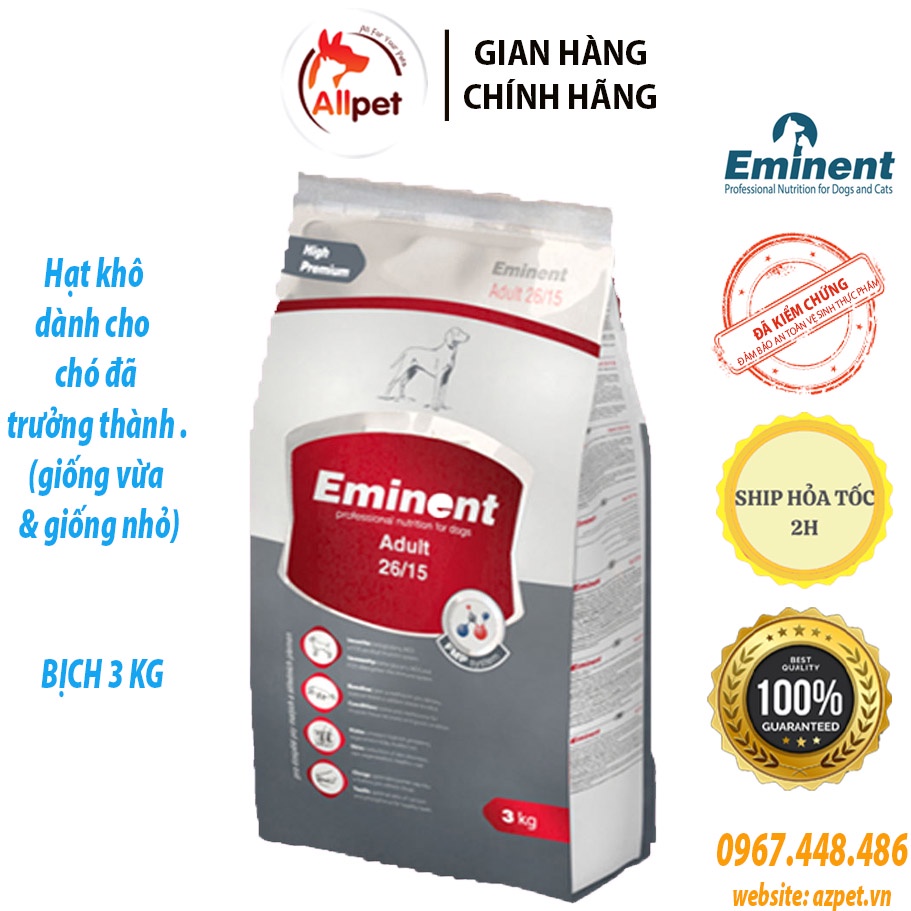 Eminent Adult - 3kg, Thức ăn cho chó trưởng thành, dành cho Chó giống vừa và giống nhỏ. Hạt cho chó trưởng thành.