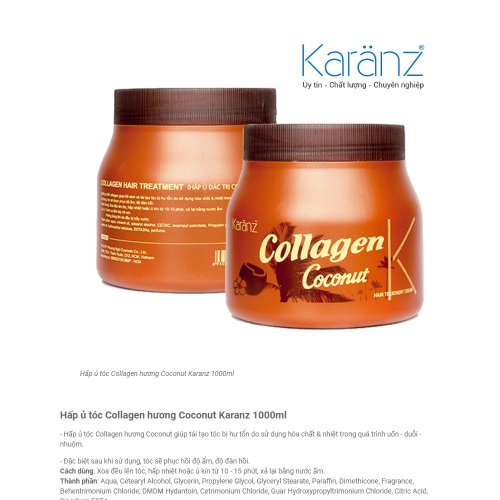 Hấp dầu Karanz Collagen Coconut 1000ml dành cho tóc khô xơ