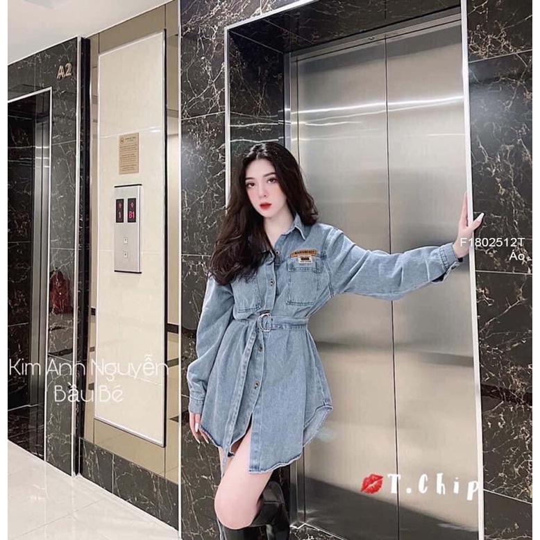 Áo sơ mi jeans dài thắt đai