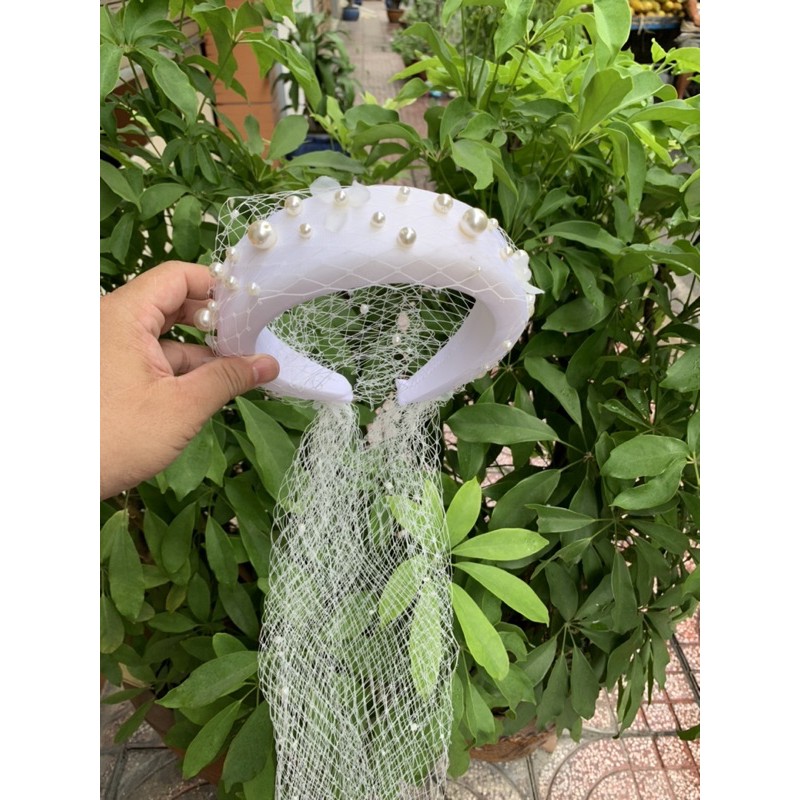 Băng đô nhung cài tóc cô dâu đính hạt trai kèm lưới mạng che mặt Giangpkc SP220547