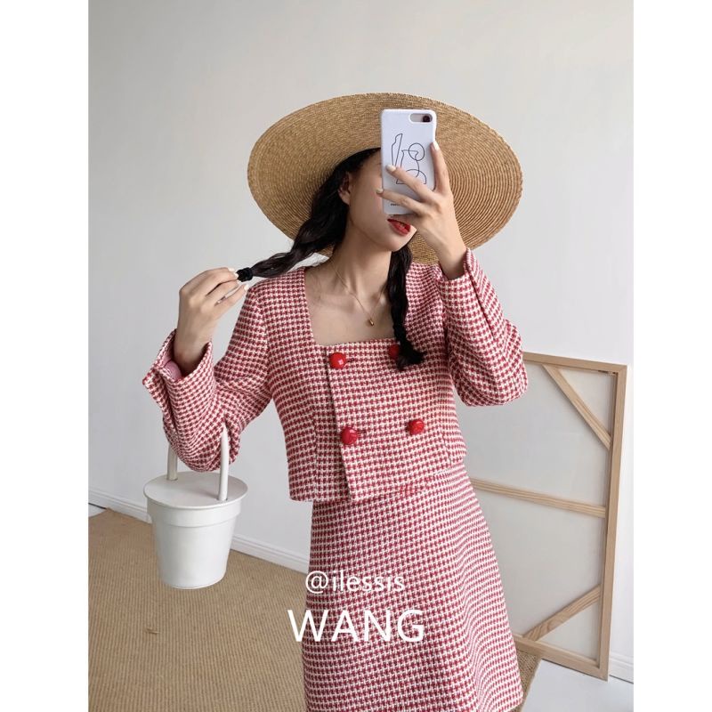 Set áo cổ vuông dài tay + chân váy họa tiết ca rô thời trang dành cho nữ | BigBuy360 - bigbuy360.vn