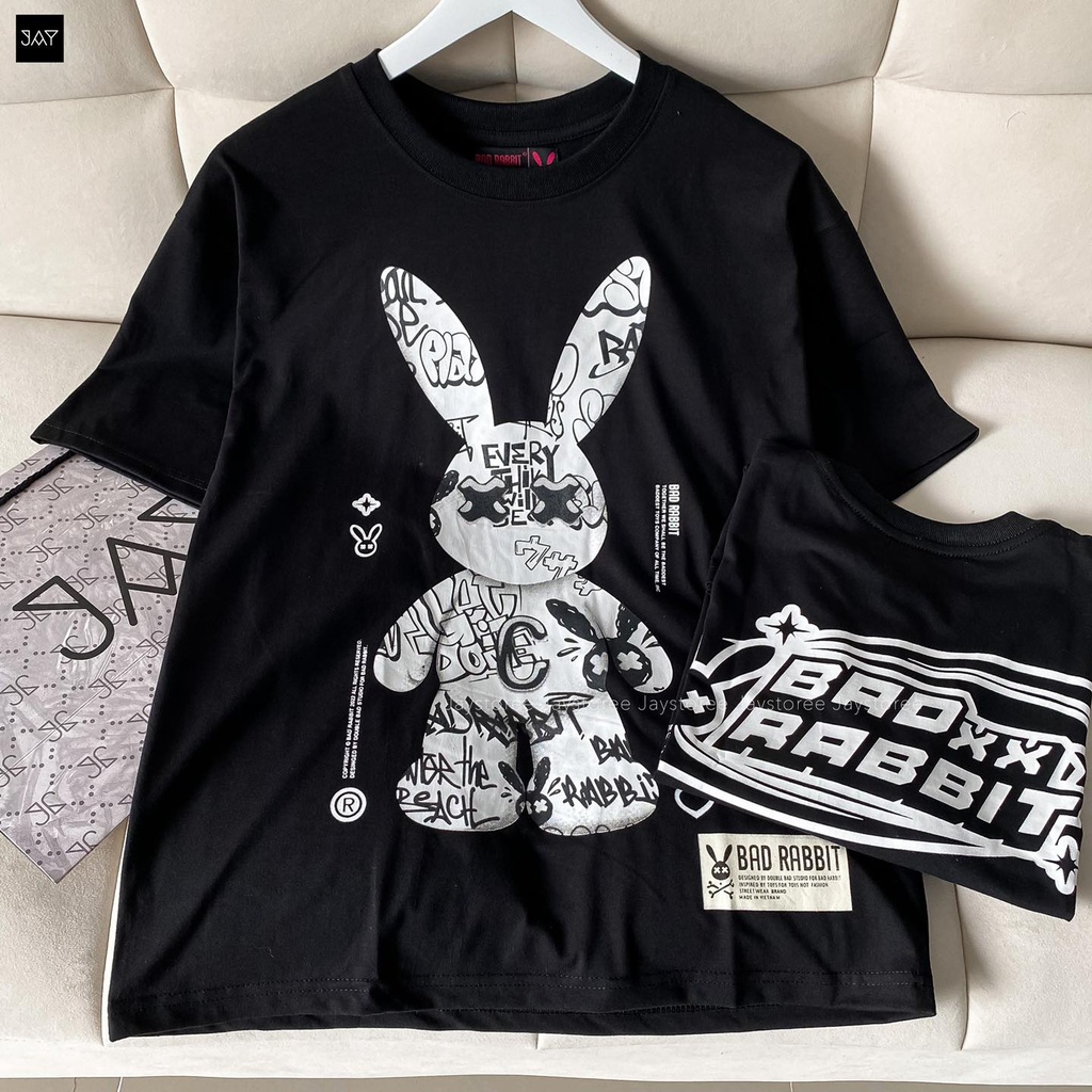 Áo Thun Tay Lỡ Unisex THỎ GRAVITY màu ĐEN  /Nam nữ unisex/ Áo phông cổ tròn form rộng Jejul.store