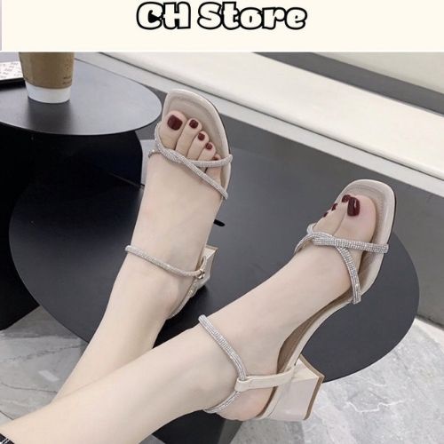 Sandal cao gót nữ, guốc quai hậu đính hạt xoàn gót 5p-7p - Mã H10