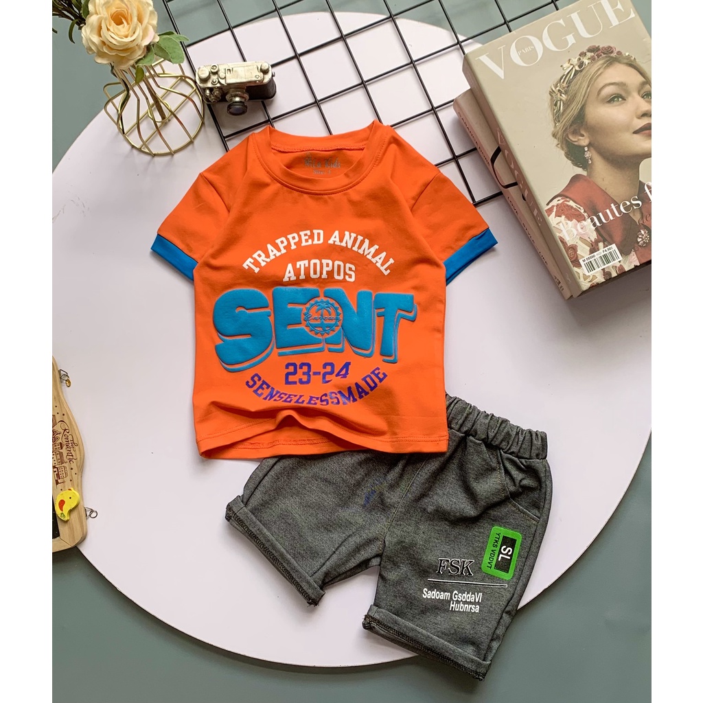 Set đồ bộ bé trai Áo thun cotton in chữ SENT quần thun giả jean cho bé trai từ 8-24 kg
