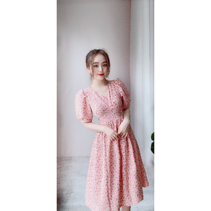 Đủ size từ S--->3Xl Đầm lụa hoa 3 màu cổ tim tay búp