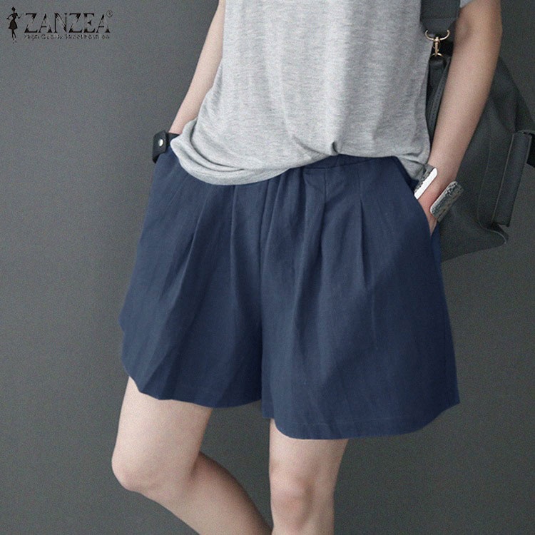 Quần ngắn Zanzea ống rộng lưng cao màu trơn thời trang dành cho nữ