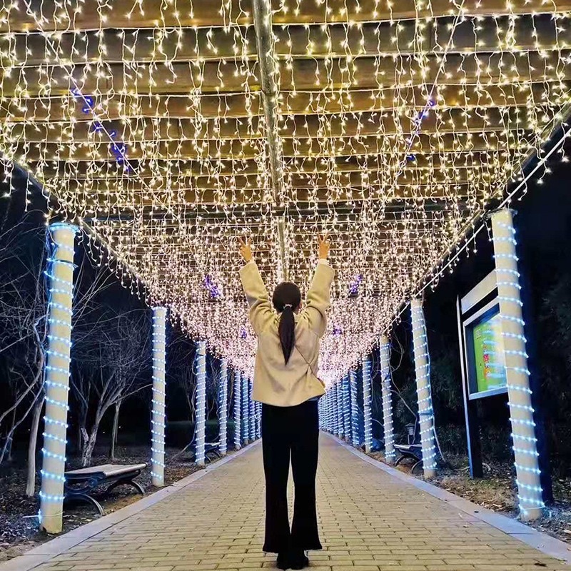 Đèn Thả Trang Trí Điểm Xanh Dương 12 Mét 60 Sợi Chống Thấm Nước, Đèn rèm trang trí noel, quán cafe, ban công