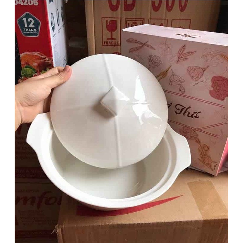 Thố sứ có nắp đựng màu trắng 24cm