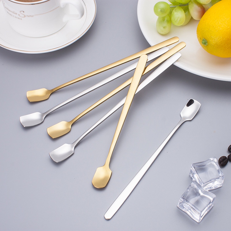 Muỗng, thìa cà phê inox mạ vàng cán dài 2 kiểu tròn vuông (TVB02)
