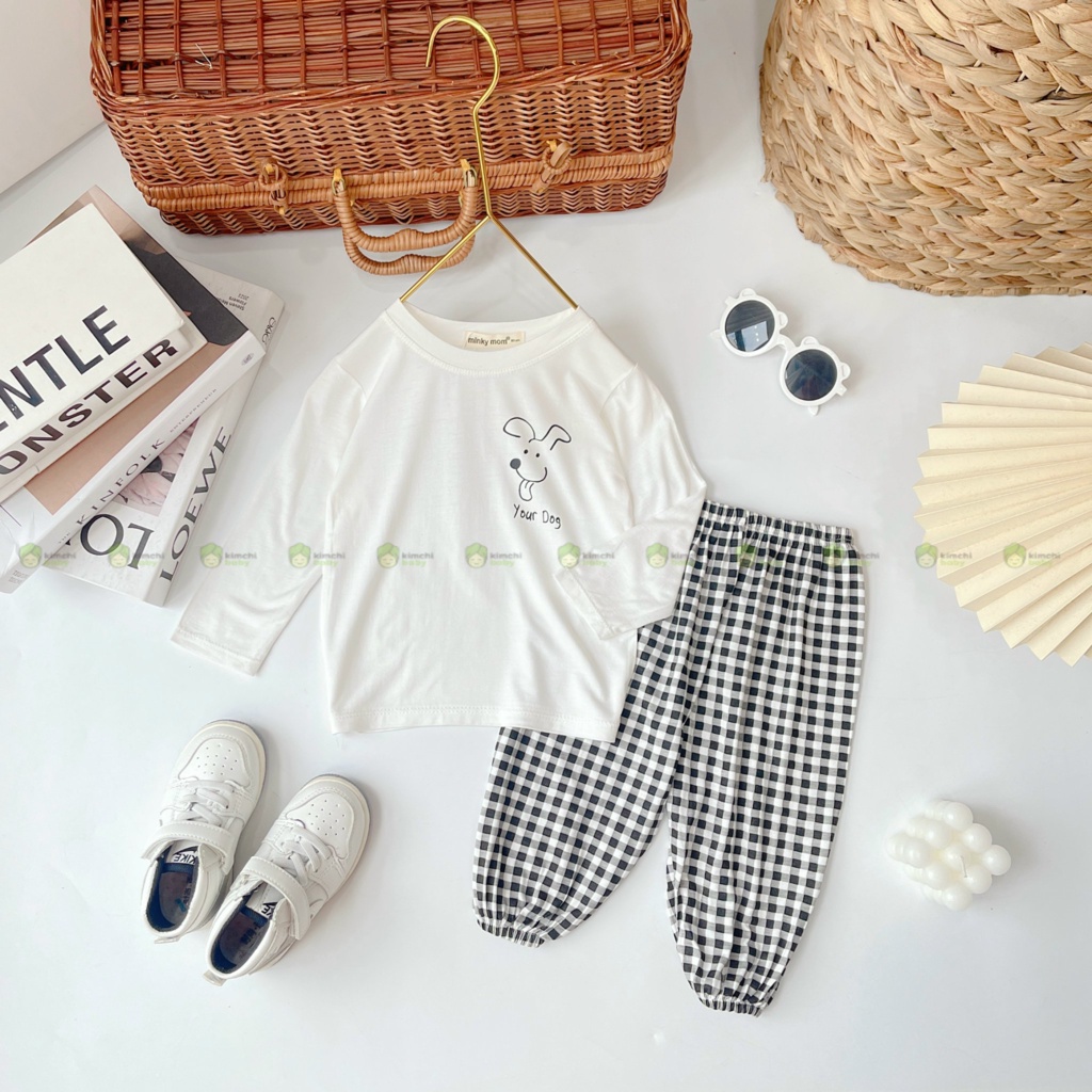 Bộ Thun Lạnh Dài Tay Cho Bé Gái, Bé Trai Minky Mom Hoạ Tiết In Ngực Quần Caro, Bộ Quần Áo Cho Bé Mặc Nhà MKMTD2214