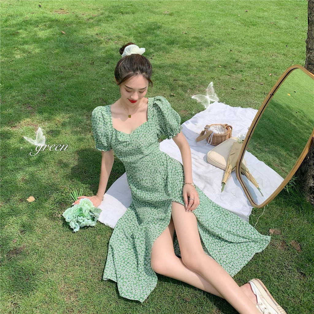 Đầm Hoa Dáng Dài Cổ Chữ V Phong Cách Hàn Quốc