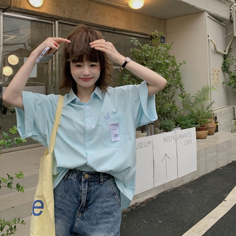 Áo Sơ Mi Tay Ngắn Dáng Rộng Phong Cách Hàn Quốc Mới Dành Cho Nữ