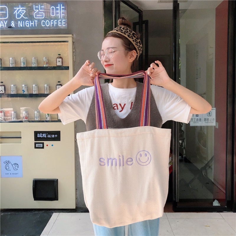 Túi Tote Vải Canvas Thêu Hoạ Tiết Smile Xinh Xắn