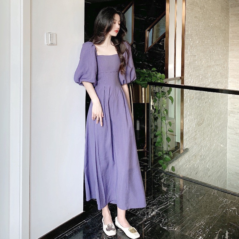 SẴN | ĐẦM TÍM DÀI CỔ VUÔNG TAY PHỒNG UZLLANG | BigBuy360 - bigbuy360.vn