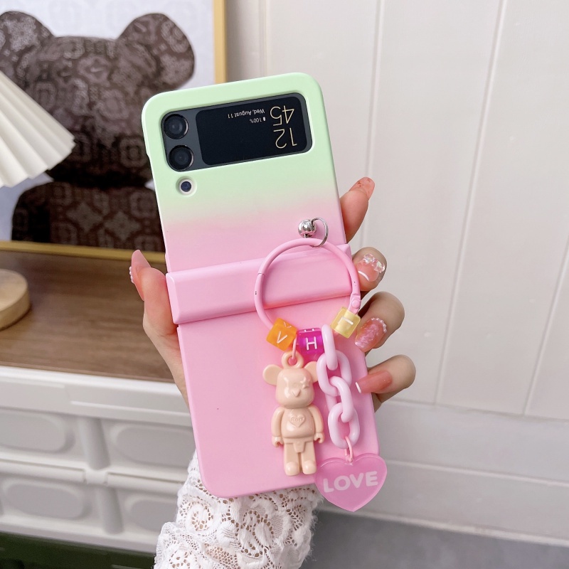 Ốp Điện Thoại Nắp Gập Chống Va Đập Màu Gradient Bóng Có Mặt Dây Hình Gấu Đá Cho Samsung Galaxy Z Flip 3 4