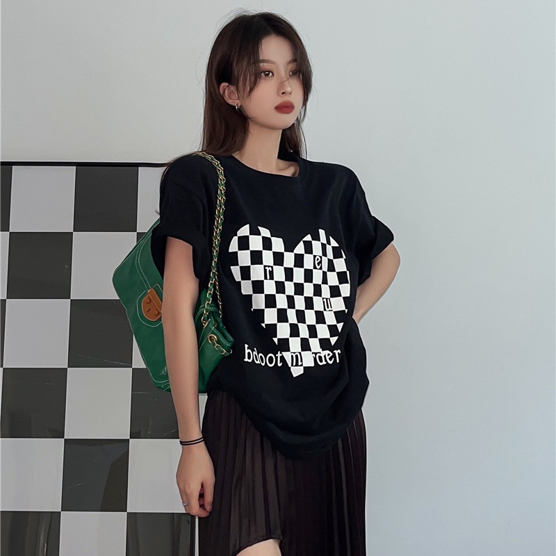 Áo Phông Cộc Tay Kẻ Caro Hình Trái Tim Unisex Form Rộng,Áo Thun Cottton Nam Nữ Chất Mát Dễ Chịu