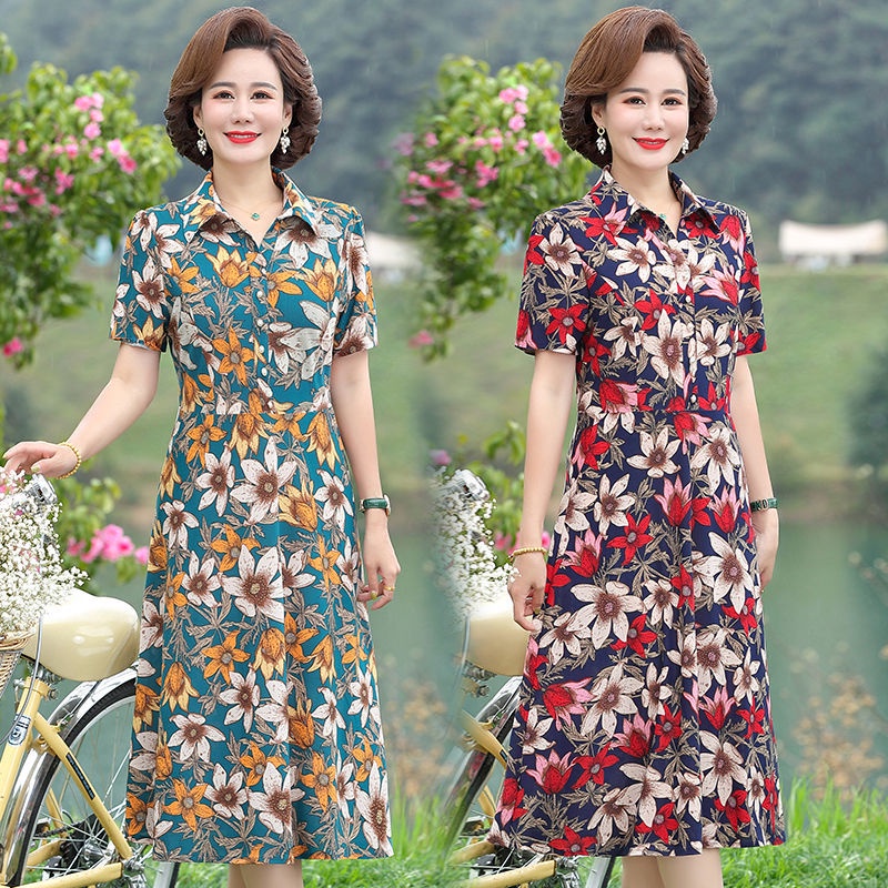 Váy ngắn tay Mom Summer, Váy hoa voan dành cho phụ nữ trung niên 2022