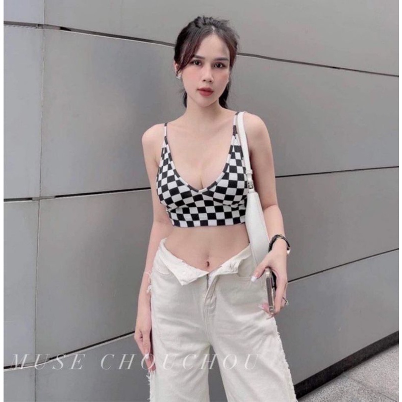 Áo 2 dây cổ tim kẻ sọc caro  CROPTOP PC