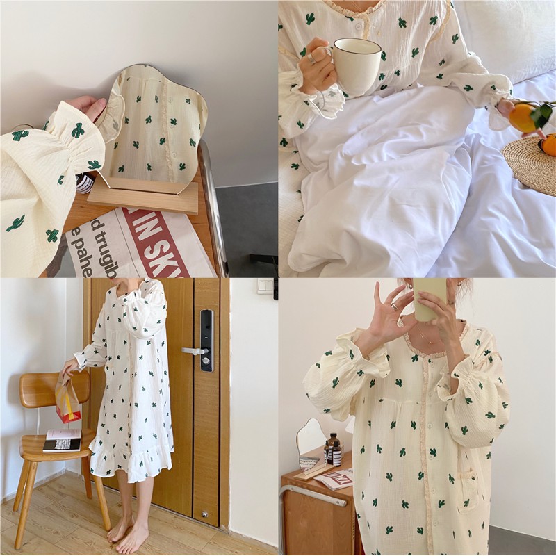 [ORDER] Đầm ngủ vải xô muslin họa tiết xương rồng màu trắng Hàn Quốc