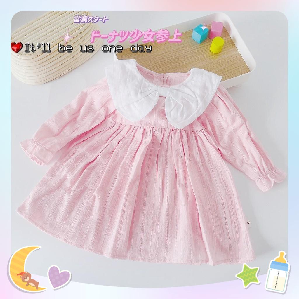 9-20kg  Váy thu dài tay phối nơ cổ hồng trắng cho bé gái siêu xinh chất liệu thô mềm mozikids