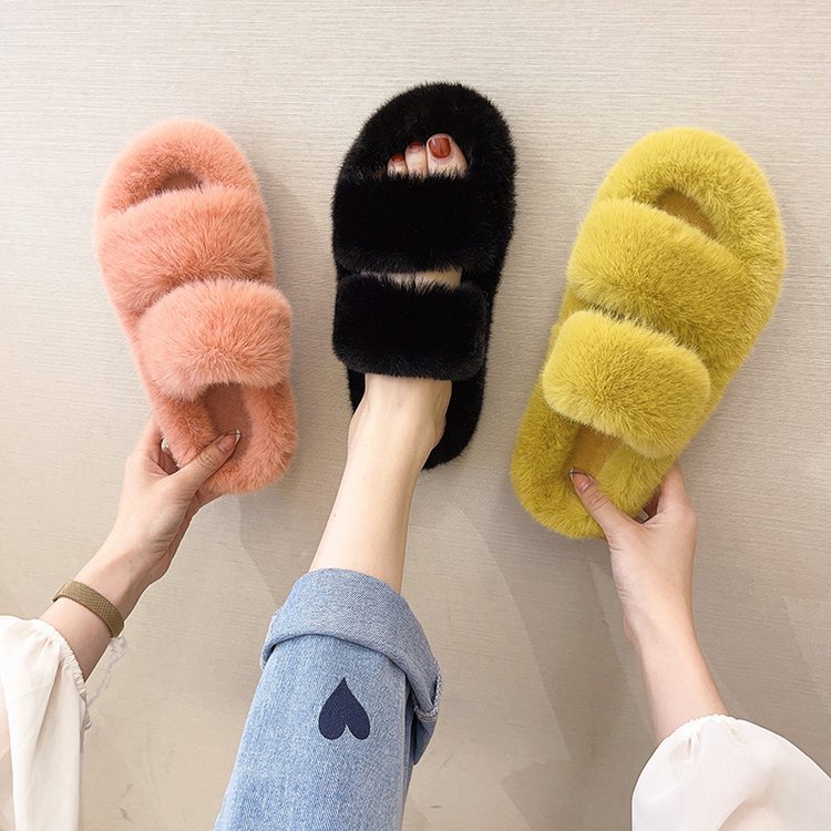 Chzk Dép Bông Quai Ngang Phủ Lông Dày Đế Cao 5Cm Dễ Thương Thời Trang Mùa Thu Đông